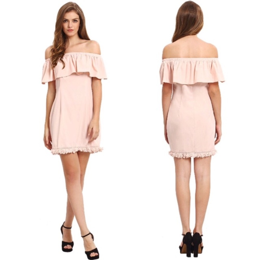 Blush Fringe Hem Off Shoulder Pencil Dress - Picture 1 of 2